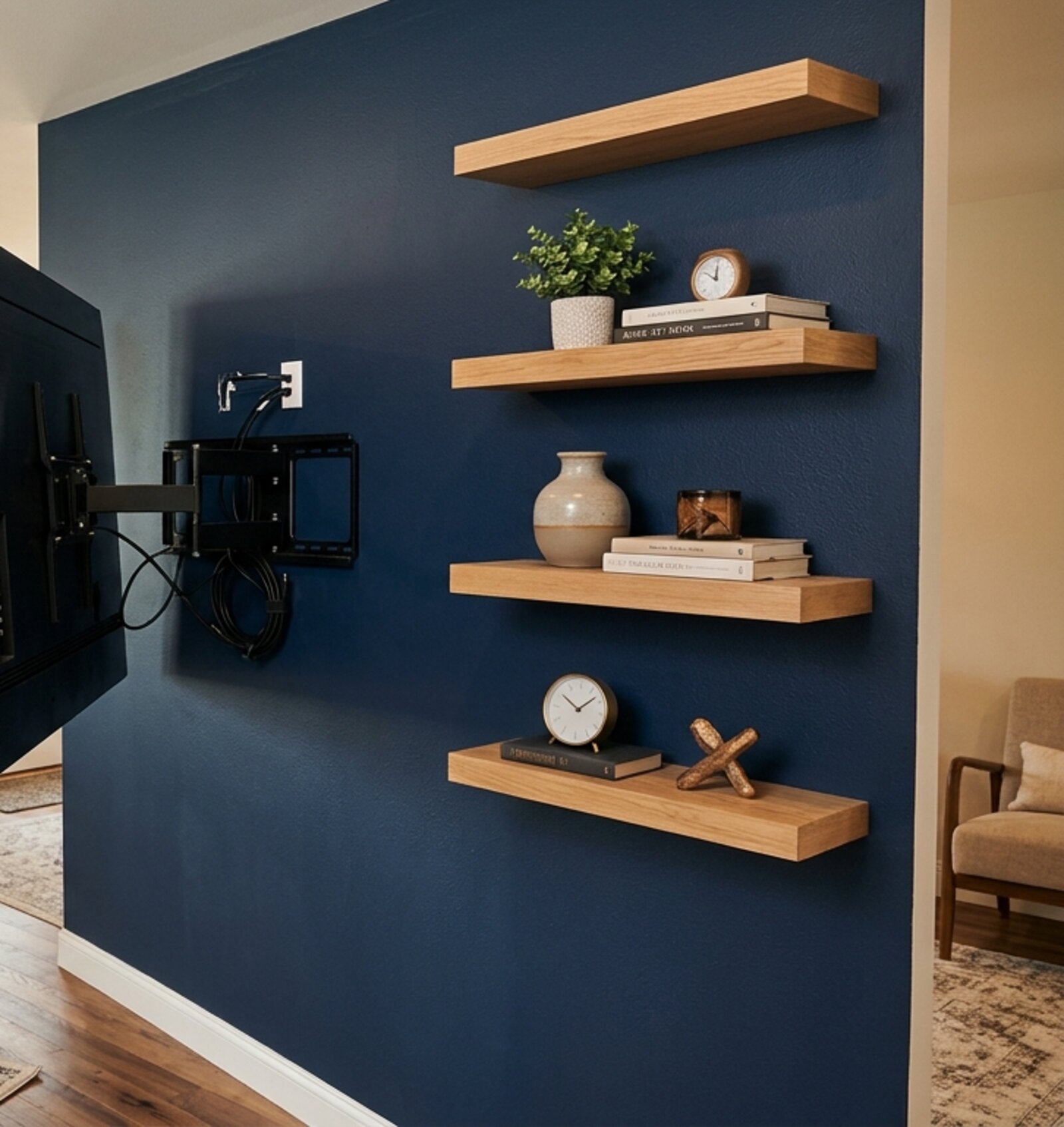 Floating shelves and flush TV wall mount installation